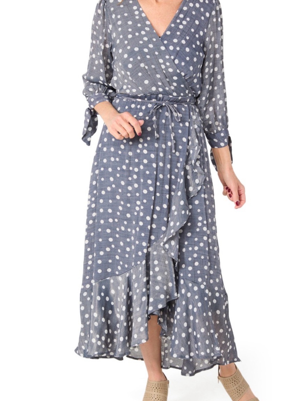 Blue Polka Dot High-Low Wrap Dress with Ruffle Hem
